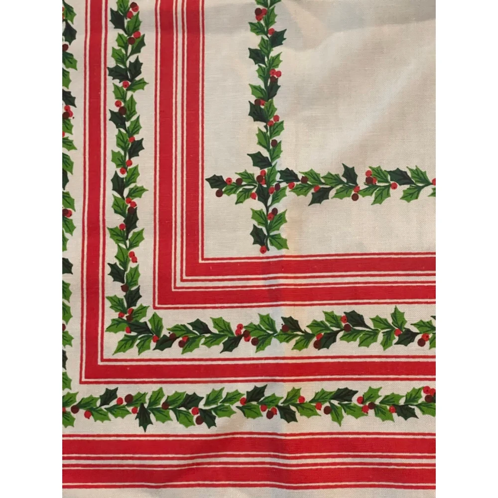 Vintage Christmas Tablecloth 66x50 Holly Berry Red Stripe Border Cotton Blend